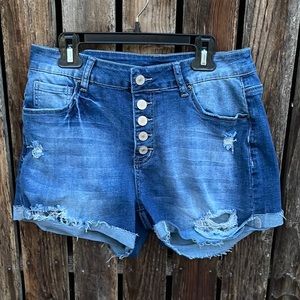 Surprise Jean Shorts Short Raw Hem Holes Frayed Distressed Button Fly Stretch